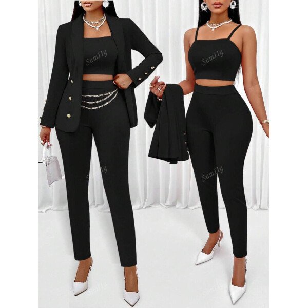 Conjunto de tres piezas para mujer con blazer de cuello chal de frente abierto, camiseta de tirantes y pantalones para un aspecto de oficina - Imagen 8