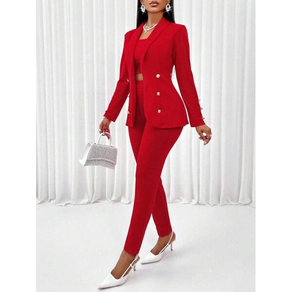 Conjunto de tres piezas para mujer con blazer de cuello chal de frente abierto, camiseta de tirantes y pantalones para un aspecto de oficina - Imagen 16