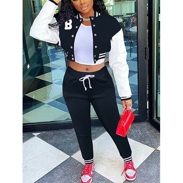 Conjunto deportivo de 2 piezas con chaqueta universitaria para mujer, top corto con botones, chaquetas y pantalones tipo letterman - Imagen 5