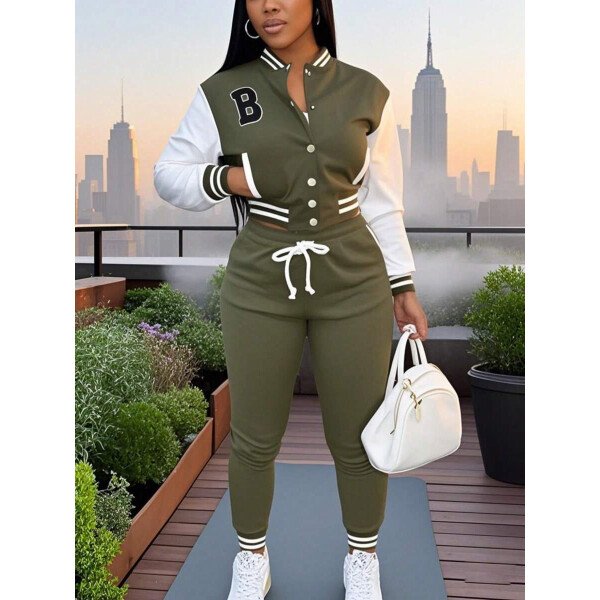 Conjunto deportivo de 2 piezas con chaqueta universitaria para mujer, top corto con botones, chaquetas y pantalones tipo letterman - Imagen 6
