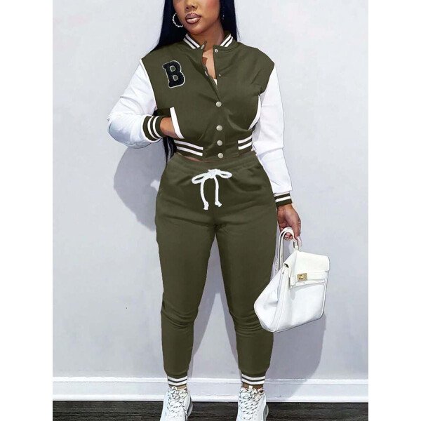 Conjunto deportivo de 2 piezas con chaqueta universitaria para mujer, top corto con botones, chaquetas y pantalones tipo letterman - Imagen 7