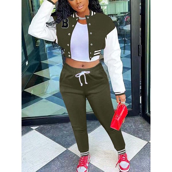 Conjunto deportivo de 2 piezas con chaqueta universitaria para mujer, top corto con botones, chaquetas y pantalones tipo letterman - Imagen 9