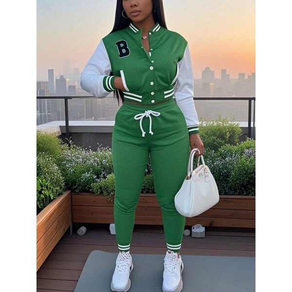 Conjunto deportivo de 2 piezas con chaqueta universitaria para mujer, top corto con botones, chaquetas y pantalones tipo letterman - Imagen 10