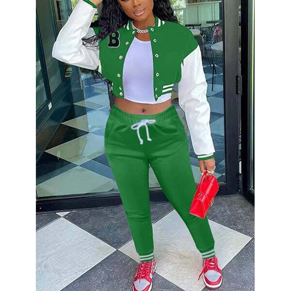 Conjunto deportivo de 2 piezas con chaqueta universitaria para mujer, top corto con botones, chaquetas y pantalones tipo letterman - Imagen 13