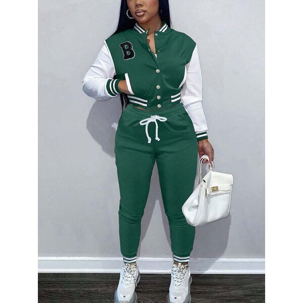 Conjunto deportivo de 2 piezas con chaqueta universitaria para mujer, top corto con botones, chaquetas y pantalones tipo letterman - Imagen 14