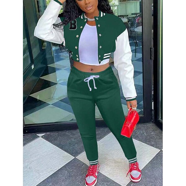 Conjunto deportivo de 2 piezas con chaqueta universitaria para mujer, top corto con botones, chaquetas y pantalones tipo letterman - Imagen 16