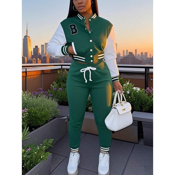 Conjunto deportivo de 2 piezas con chaqueta universitaria para mujer, top corto con botones, chaquetas y pantalones tipo letterman - Imagen 17