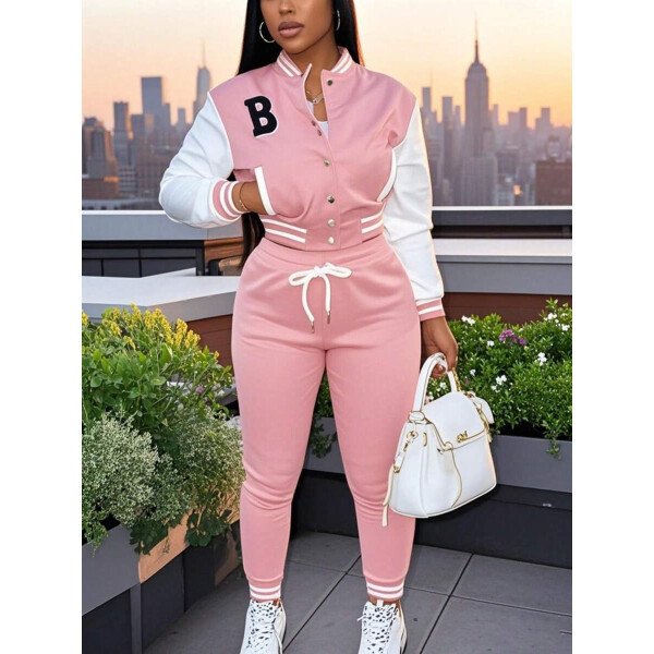 Conjunto deportivo de 2 piezas con chaqueta universitaria para mujer, top corto con botones, chaquetas y pantalones tipo letterman - Imagen 18