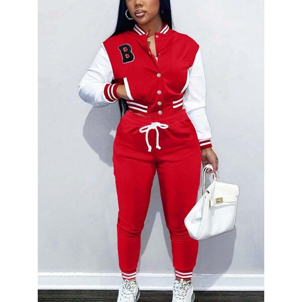 Conjunto deportivo de 2 piezas con chaqueta universitaria para mujer, top corto con botones, chaquetas y pantalones tipo letterman - Imagen 26