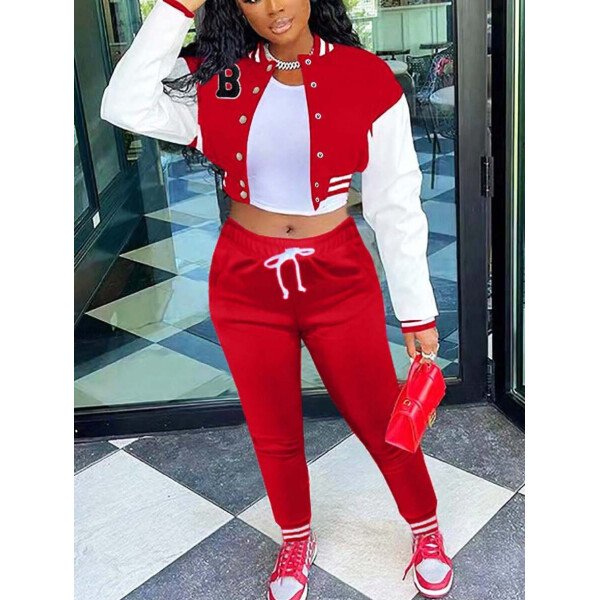 Conjunto deportivo de 2 piezas con chaqueta universitaria para mujer, top corto con botones, chaquetas y pantalones tipo letterman - Imagen 28