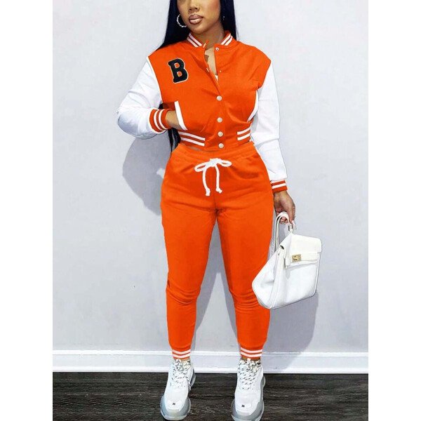 Conjunto deportivo de 2 piezas con chaqueta universitaria para mujer, top corto con botones, chaquetas y pantalones tipo letterman - Imagen 31