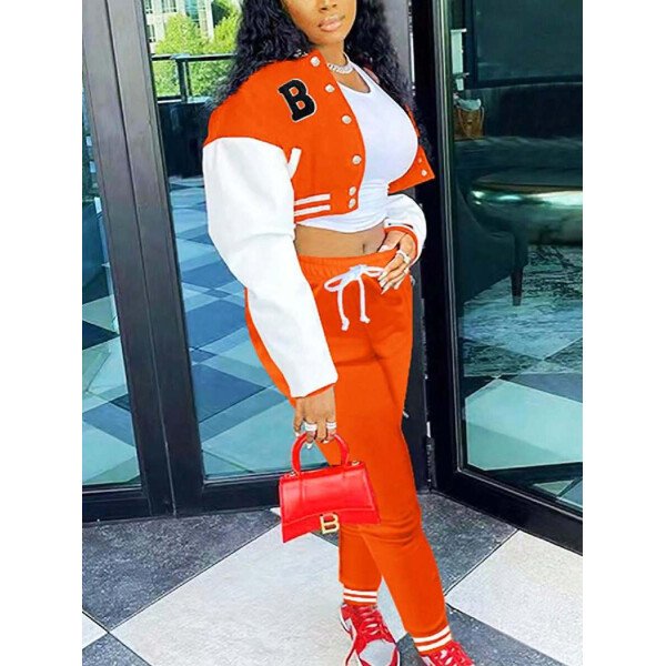 Conjunto deportivo de 2 piezas con chaqueta universitaria para mujer, top corto con botones, chaquetas y pantalones tipo letterman - Imagen 32