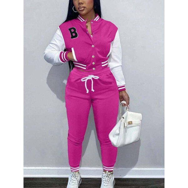 Conjunto deportivo de 2 piezas con chaqueta universitaria para mujer, top corto con botones, chaquetas y pantalones tipo letterman - Imagen 34