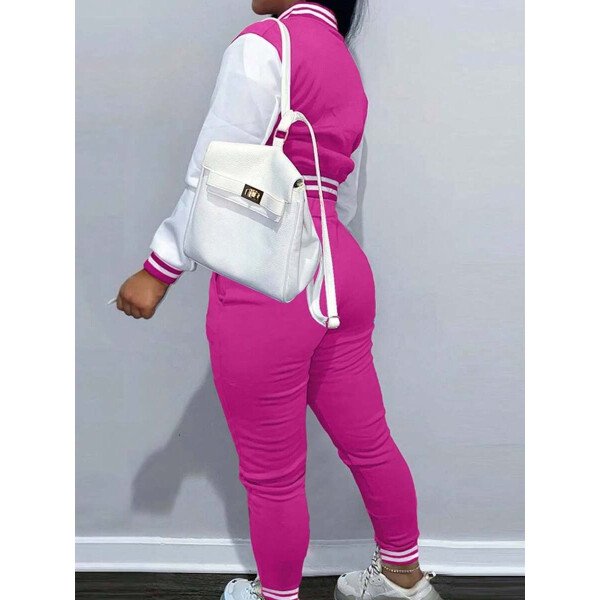 Conjunto deportivo de 2 piezas con chaqueta universitaria para mujer, top corto con botones, chaquetas y pantalones tipo letterman - Imagen 35