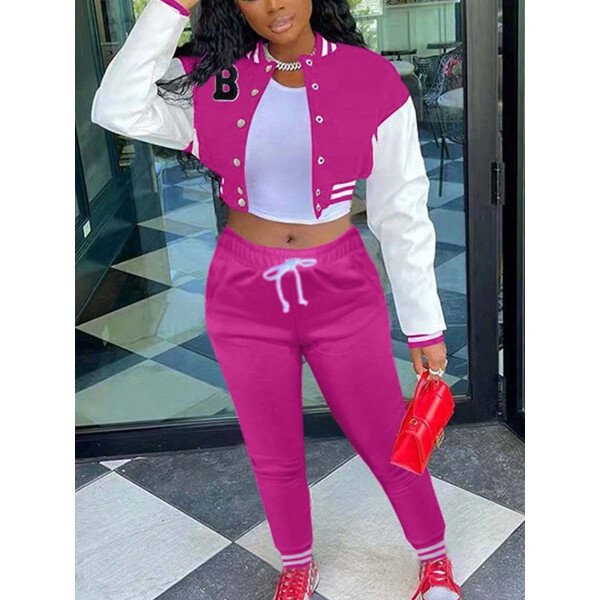 Conjunto deportivo de 2 piezas con chaqueta universitaria para mujer, top corto con botones, chaquetas y pantalones tipo letterman - Imagen 36