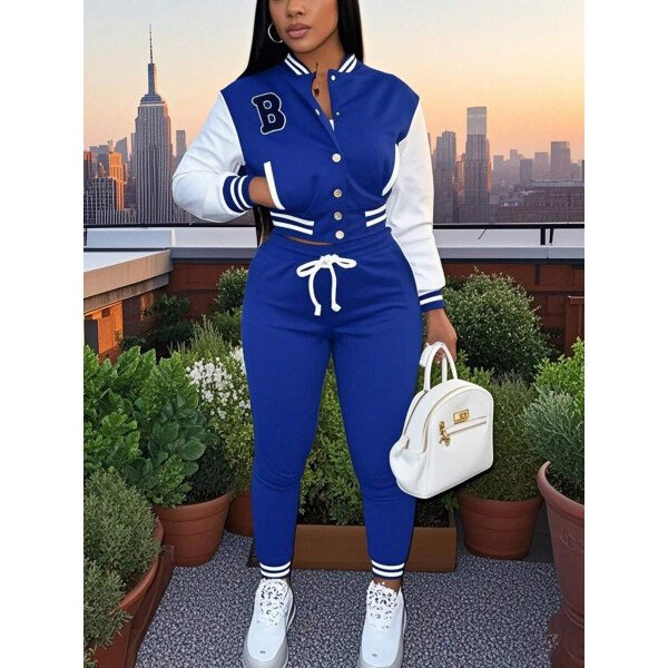 Conjunto deportivo de 2 piezas con chaqueta universitaria para mujer, top corto con botones, chaquetas y pantalones tipo letterman - Imagen 37