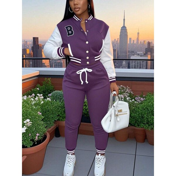 Conjunto deportivo de 2 piezas con chaqueta universitaria para mujer, top corto con botones, chaquetas y pantalones tipo letterman - Imagen 41