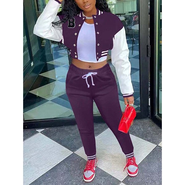 Conjunto deportivo de 2 piezas con chaqueta universitaria para mujer, top corto con botones, chaquetas y pantalones tipo letterman - Imagen 44