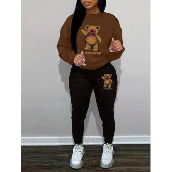 Conjunto De Cuello Redondo De Sudadera Y Pantalones De Chándal Para Mujer Con Estampado De Letras Y Oso