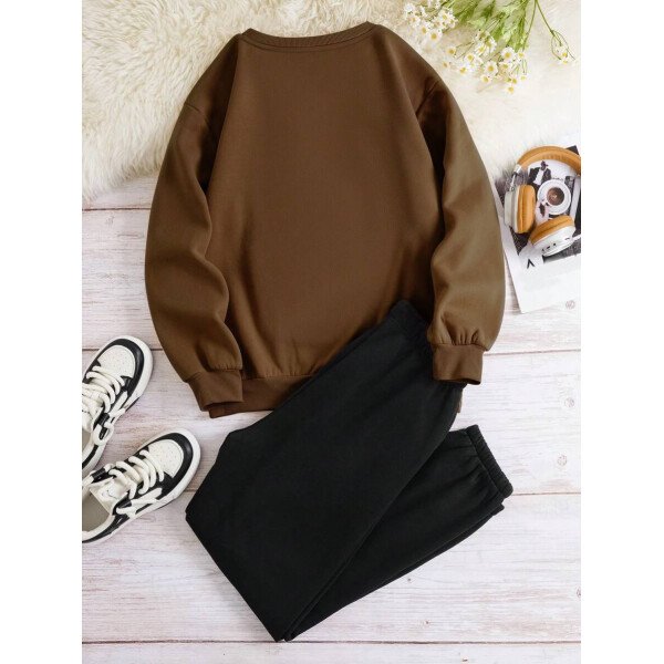 Conjunto De Cuello Redondo De Sudadera Y Pantalones De Chándal Para Mujer Con Estampado De Letras Y Oso - Imagen 3