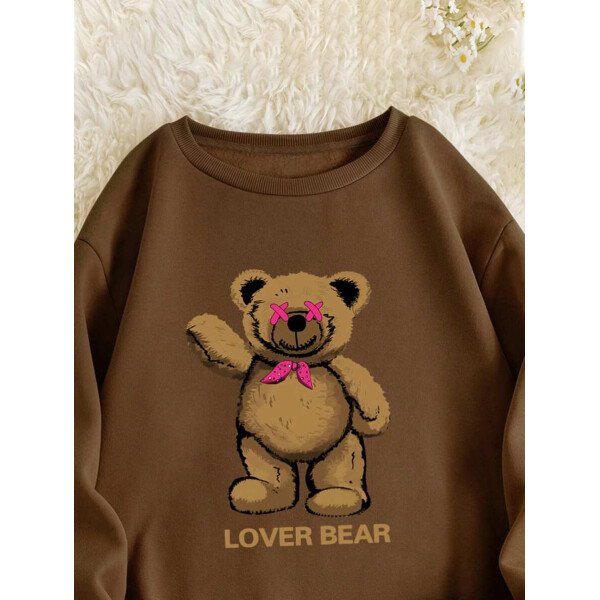 Conjunto De Cuello Redondo De Sudadera Y Pantalones De Chándal Para Mujer Con Estampado De Letras Y Oso - Imagen 8