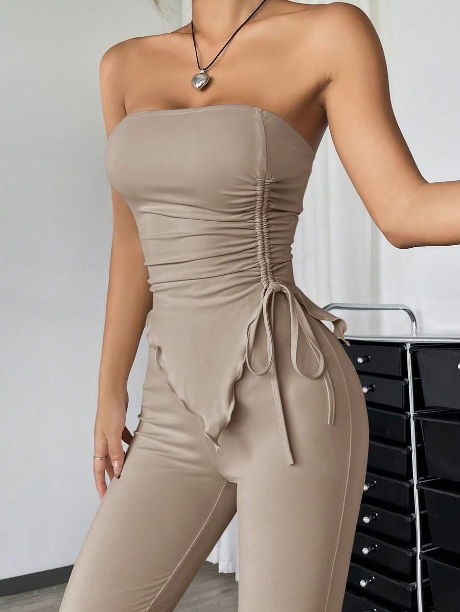 EZwear 2 piezas Conjunto informal de verano con top tubo fruncido de unicolor y asimétrico y pantalones acampanados - Imagen 9