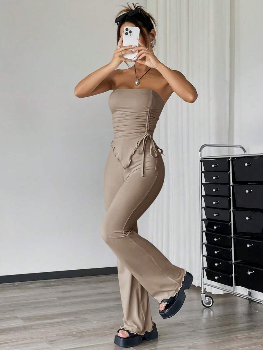 EZwear 2 piezas Conjunto informal de verano con top tubo fruncido de unicolor y asimétrico y pantalones acampanados - Imagen 11