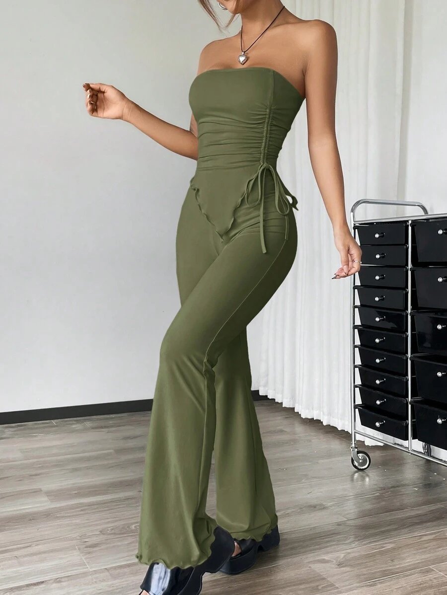 EZwear 2 piezas Conjunto informal de verano con top tubo fruncido de unicolor y asimétrico y pantalones acampanados - Imagen 20