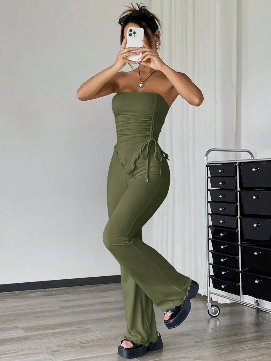 EZwear 2 piezas Conjunto informal de verano con top tubo fruncido de unicolor y asimétrico y pantalones acampanados - Imagen 21