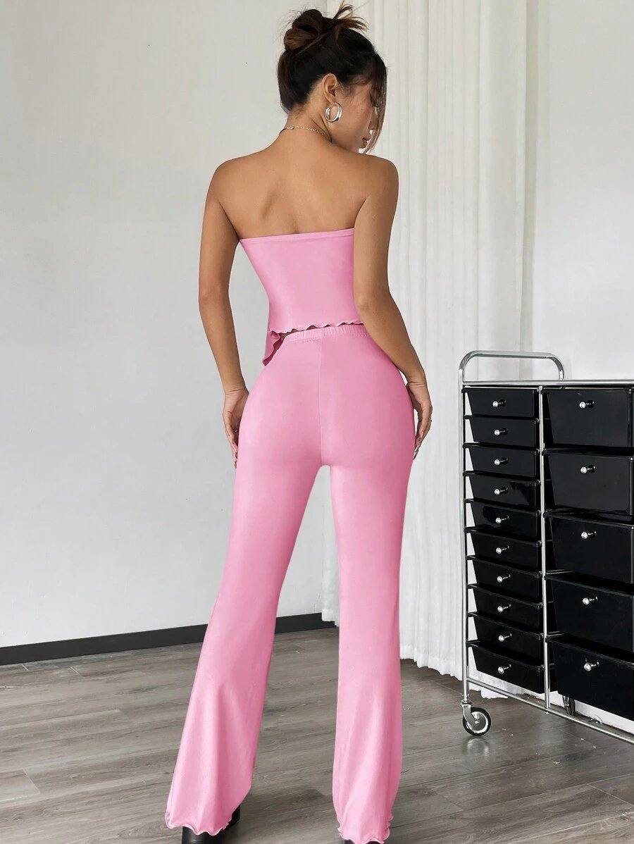 EZwear 2 piezas Conjunto informal de verano con top tubo fruncido de unicolor y asimétrico y pantalones acampanados - Imagen 24