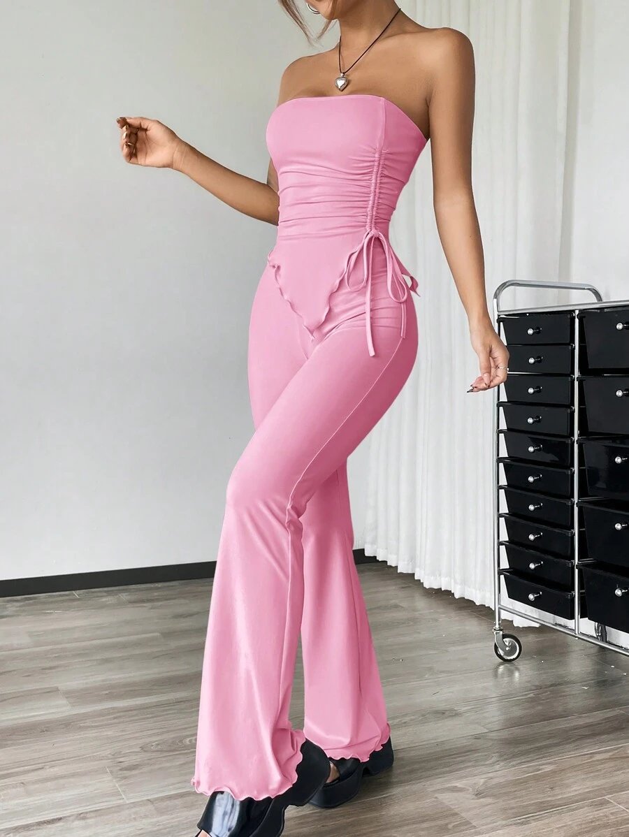 EZwear 2 piezas Conjunto informal de verano con top tubo fruncido de unicolor y asimétrico y pantalones acampanados - Imagen 25