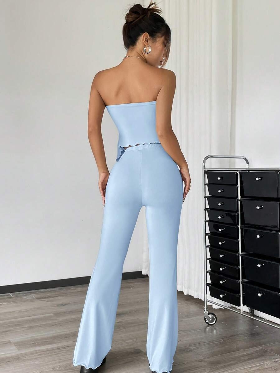 EZwear 2 piezas Conjunto informal de verano con top tubo fruncido de unicolor y asimétrico y pantalones acampanados - Imagen 28