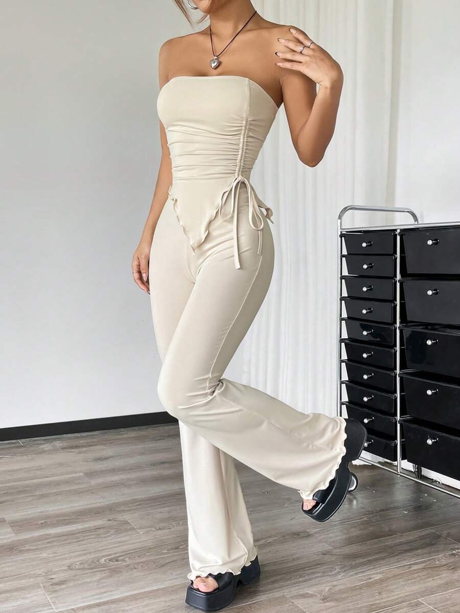 EZwear 2 piezas Conjunto informal de verano con top tubo fruncido de unicolor y asimétrico y pantalones acampanados - Imagen 32