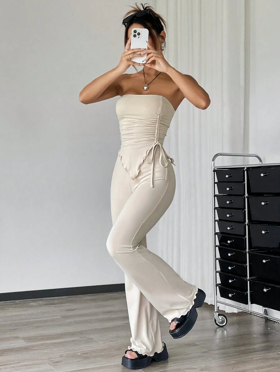 EZwear 2 piezas Conjunto informal de verano con top tubo fruncido de unicolor y asimétrico y pantalones acampanados - Imagen 36