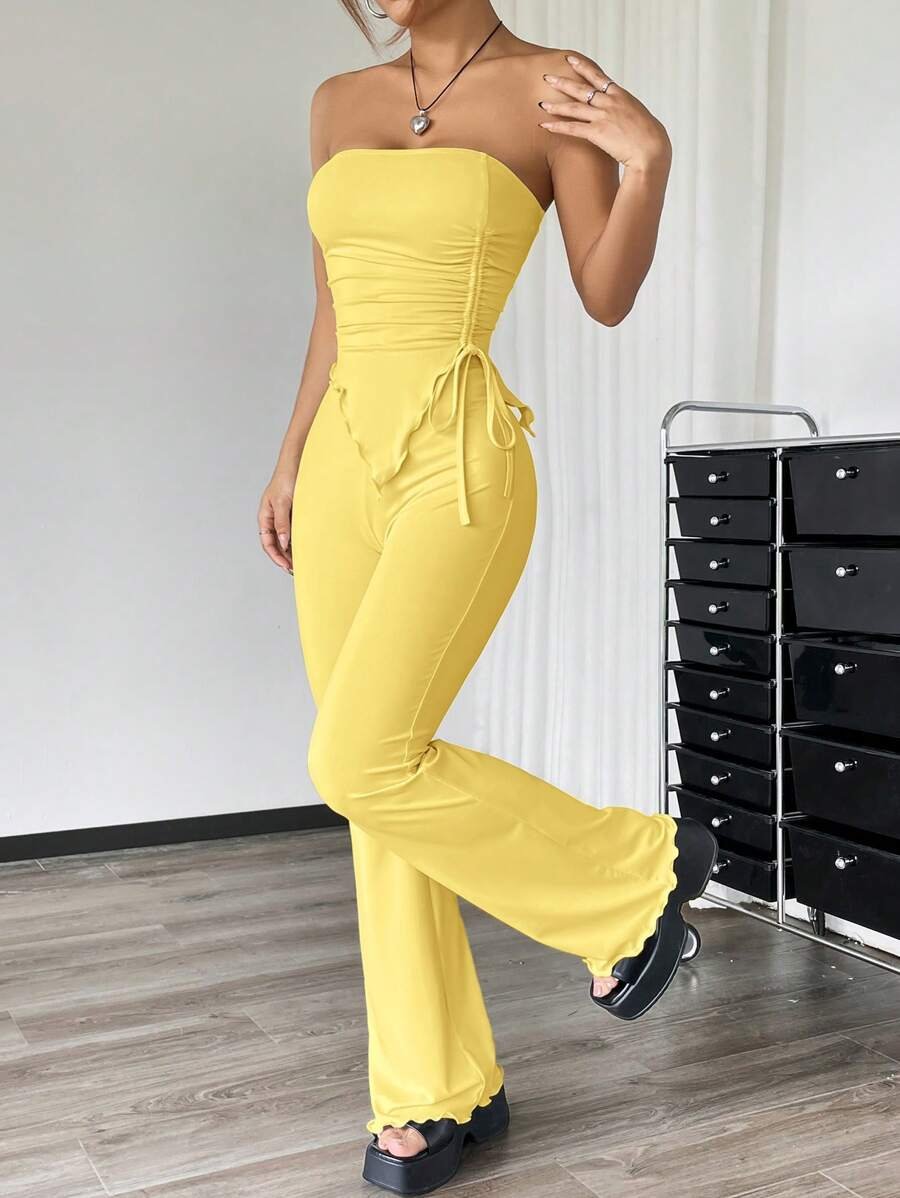 EZwear 2 piezas Conjunto informal de verano con top tubo fruncido de unicolor y asimétrico y pantalones acampanados - Imagen 47