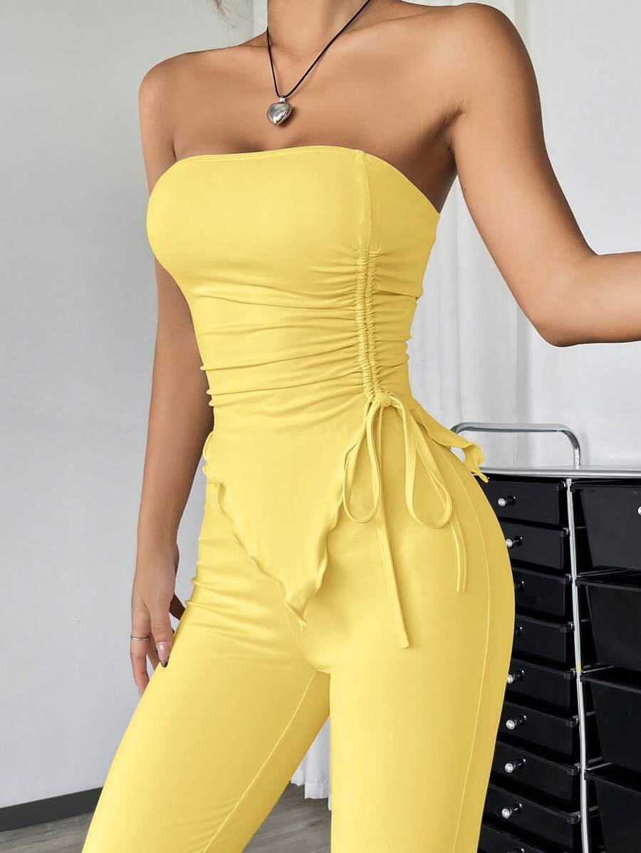 EZwear 2 piezas Conjunto informal de verano con top tubo fruncido de unicolor y asimétrico y pantalones acampanados - Imagen 49