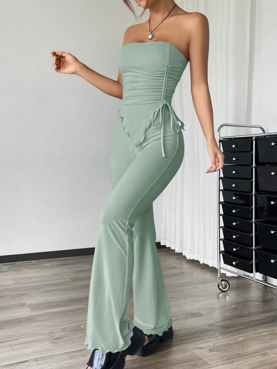 EZwear 2 piezas Conjunto informal de verano con top tubo fruncido de unicolor y asimétrico y pantalones acampanados - Imagen 55