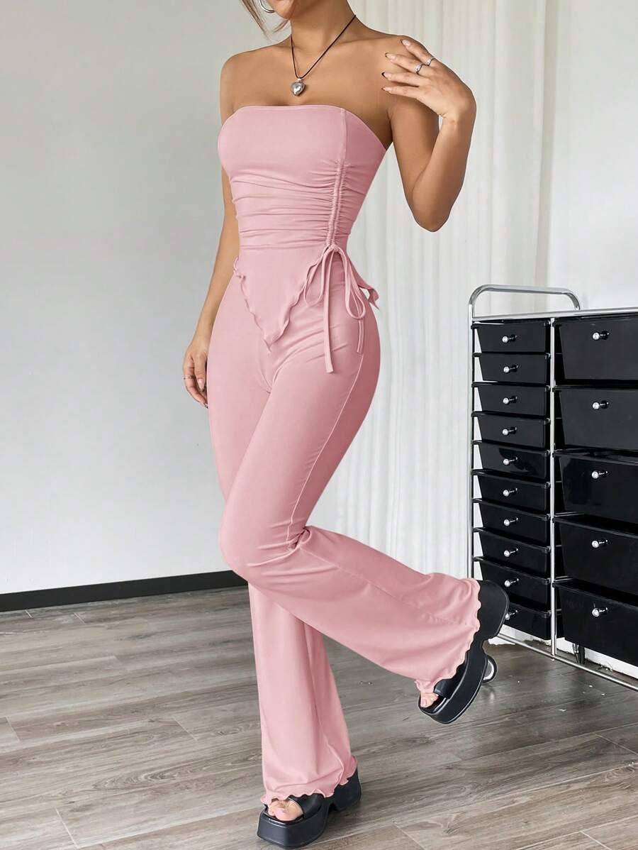 EZwear 2 piezas Conjunto informal de verano con top tubo fruncido de unicolor y asimétrico y pantalones acampanados - Imagen 62