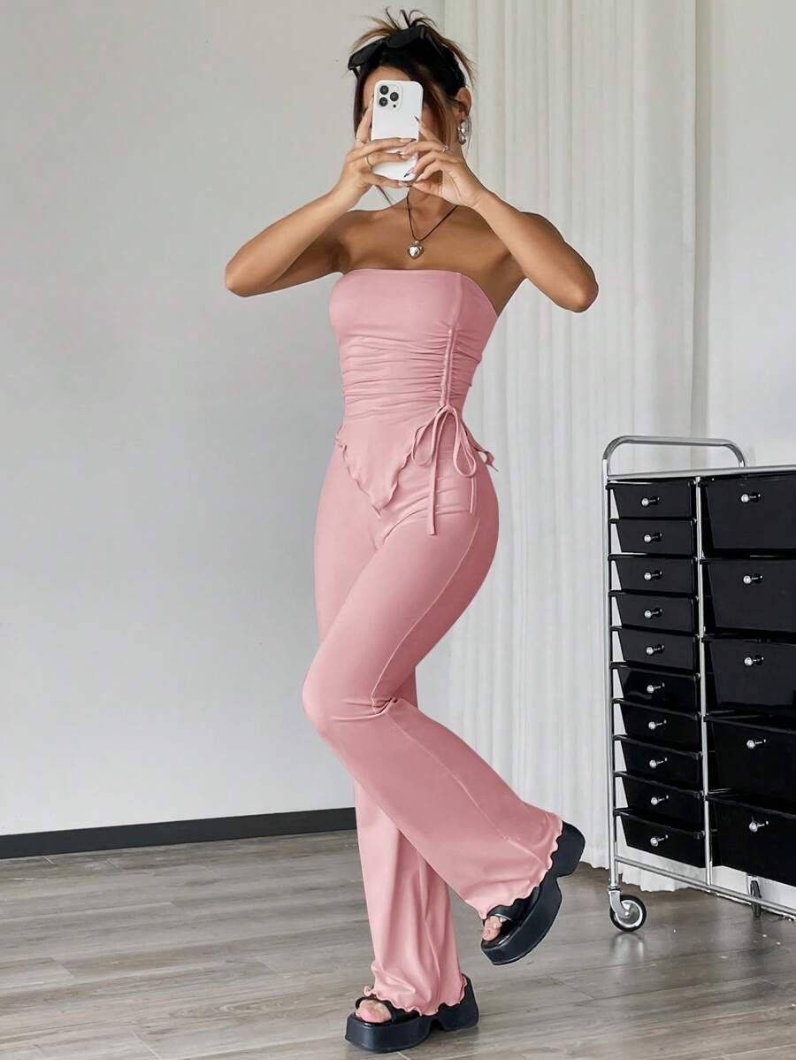 EZwear 2 piezas Conjunto informal de verano con top tubo fruncido de unicolor y asimétrico y pantalones acampanados - Imagen 65