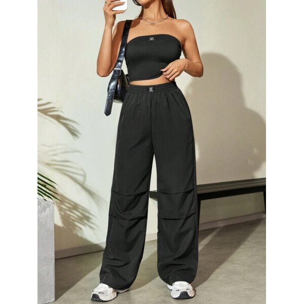 Flirla Conjunto para mujer de 2 piezas suelto y casual de verano: top corto bustier con estampado de letra y pantalones plisados de pierna ancha - Imagen 2