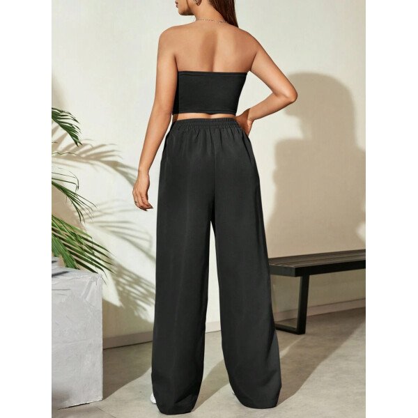 Flirla Conjunto para mujer de 2 piezas suelto y casual de verano: top corto bustier con estampado de letra y pantalones plisados de pierna ancha - Imagen 3