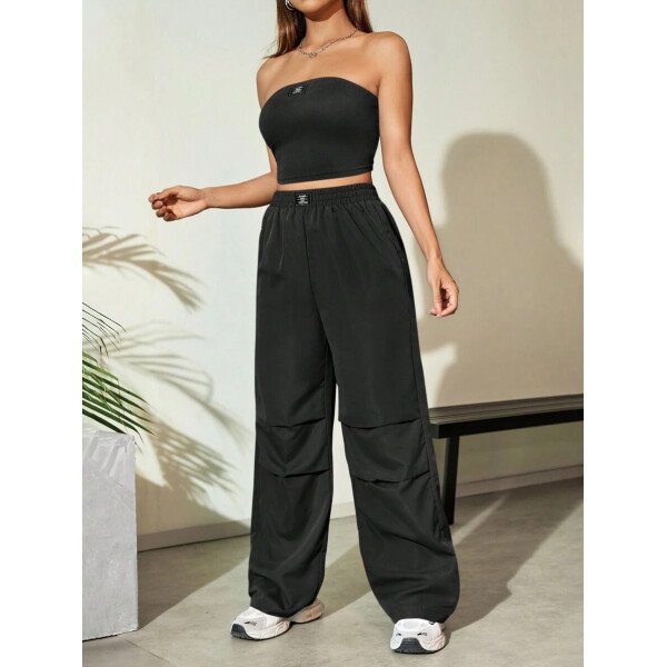 Flirla Conjunto para mujer de 2 piezas suelto y casual de verano: top corto bustier con estampado de letra y pantalones plisados de pierna ancha - Imagen 4