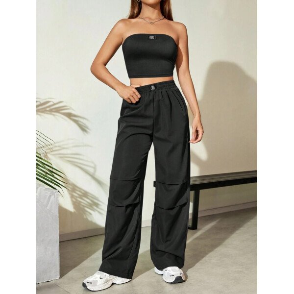 Flirla Conjunto para mujer de 2 piezas suelto y casual de verano: top corto bustier con estampado de letra y pantalones plisados de pierna ancha - Imagen 6