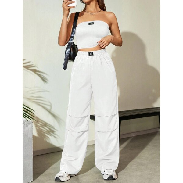 Flirla Conjunto para mujer de 2 piezas suelto y casual de verano: top corto bustier con estampado de letra y pantalones plisados de pierna ancha - Imagen 8