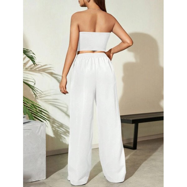 Flirla Conjunto para mujer de 2 piezas suelto y casual de verano: top corto bustier con estampado de letra y pantalones plisados de pierna ancha - Imagen 9