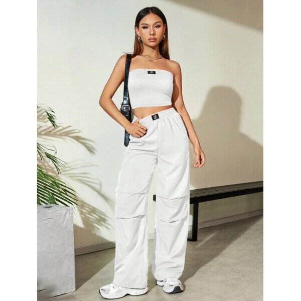 Flirla Conjunto para mujer de 2 piezas suelto y casual de verano: top corto bustier con estampado de letra y pantalones plisados de pierna ancha - Imagen 12