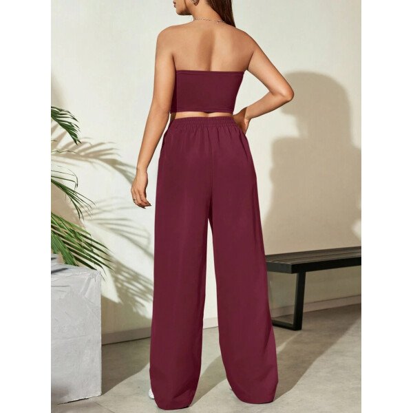 Flirla Conjunto para mujer de 2 piezas suelto y casual de verano: top corto bustier con estampado de letra y pantalones plisados de pierna ancha - Imagen 15