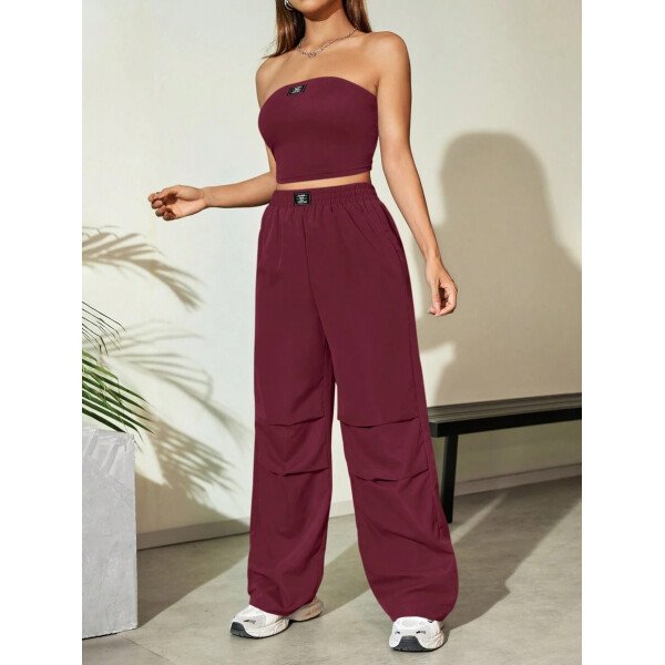 Flirla Conjunto para mujer de 2 piezas suelto y casual de verano: top corto bustier con estampado de letra y pantalones plisados de pierna ancha - Imagen 16