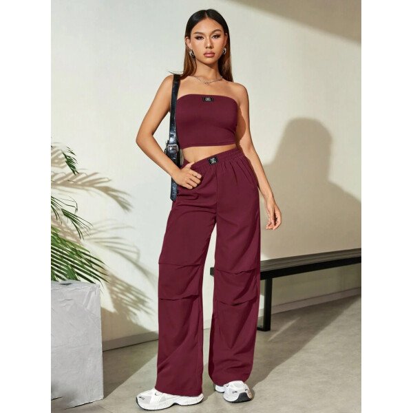 Flirla Conjunto para mujer de 2 piezas suelto y casual de verano: top corto bustier con estampado de letra y pantalones plisados de pierna ancha - Imagen 17