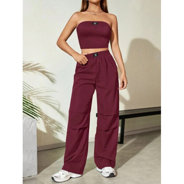 Flirla Conjunto para mujer de 2 piezas suelto y casual de verano: top corto bustier con estampado de letra y pantalones plisados de pierna ancha - Imagen 18